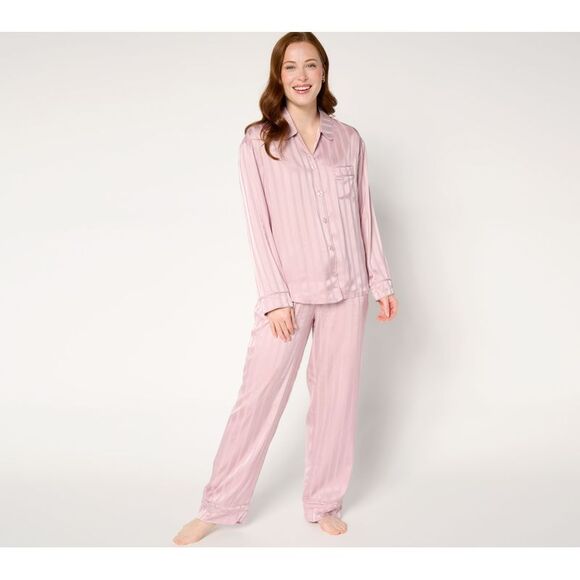 Anne Klein Women's Sleepwear Sz M Satin Long-Sleeve Notch-Collar Pink A661190 - Picture 1 of 3